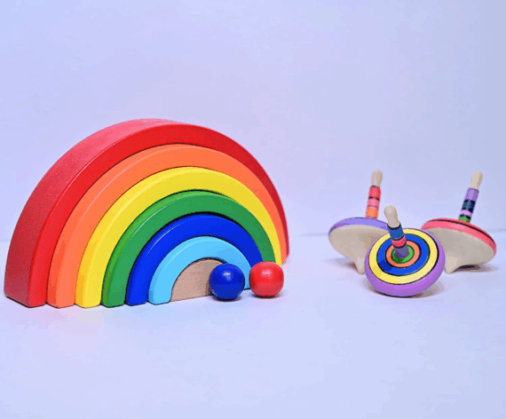 Channapatna Wooden Rainbow Stacker & Tops - Image 3