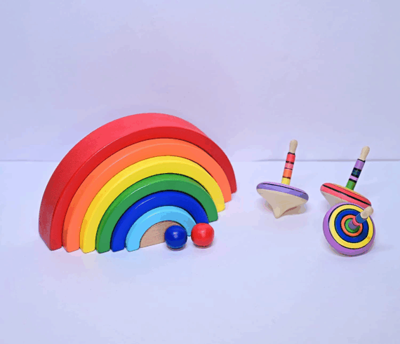 Channapatna Wooden Rainbow Stacker & Tops - Image 4